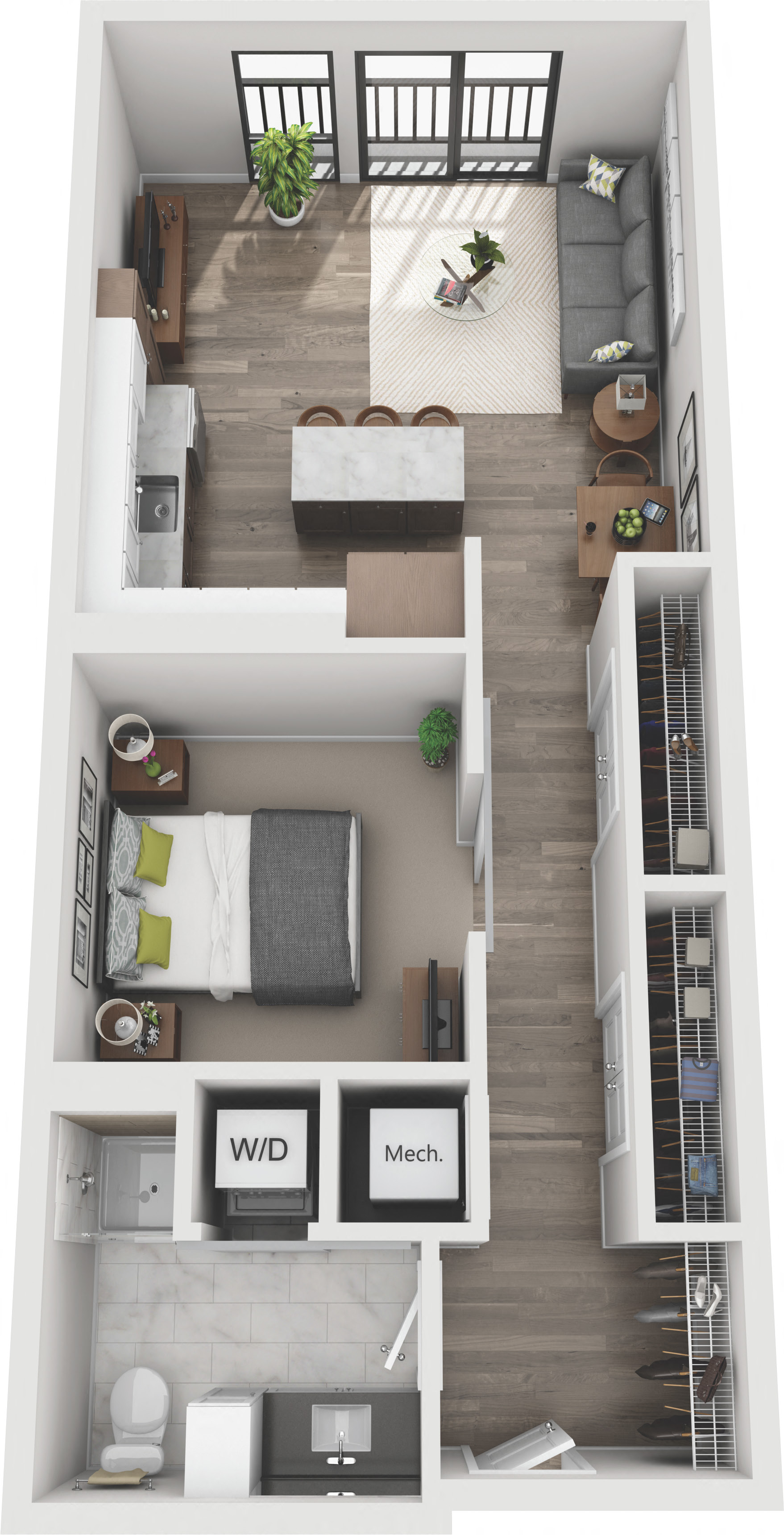Floor plan for 1 bed, 1 bath, 663 sqft